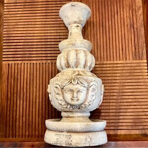 Vintage Carved Wood Painted Candlestick with Angel Motif
